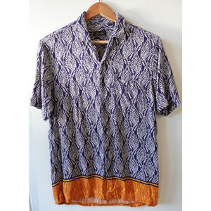 Tasso Elba Shirt Mens Small Blue White Leaf Print Silk Rayon Short Sleeve Casual